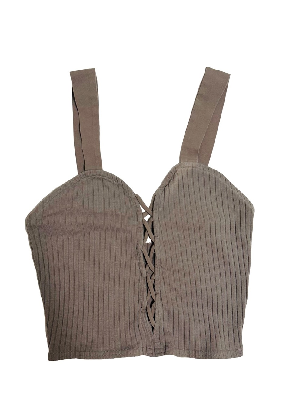silence + noise Ribbed Lace-Up Crop Top in Taupe Brown